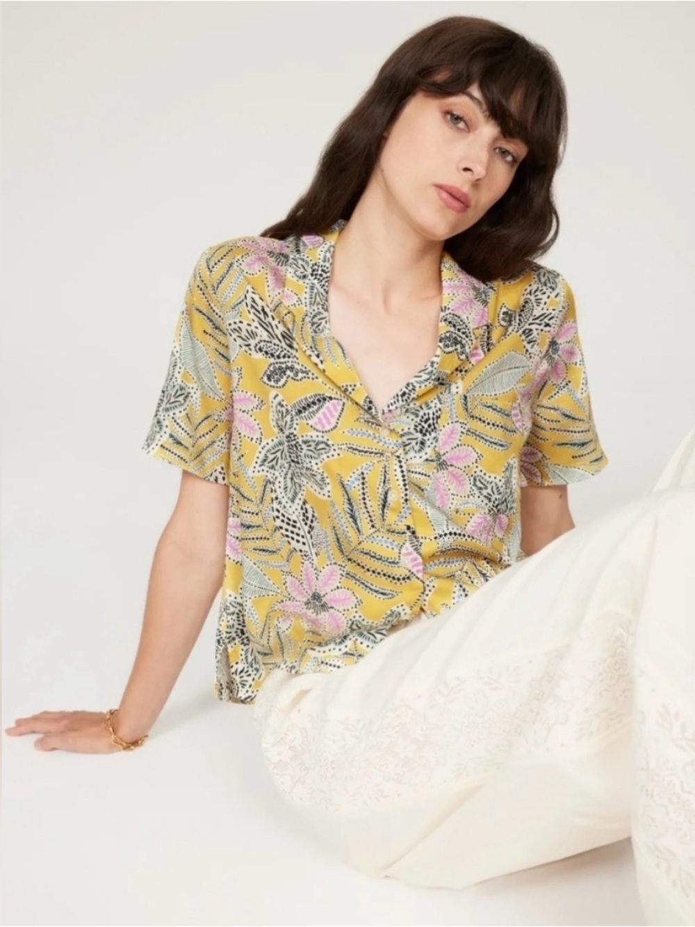 MARINE LAYER Lucy Floral Button-Up Camp Shirt Yellow Women Size M Tropical